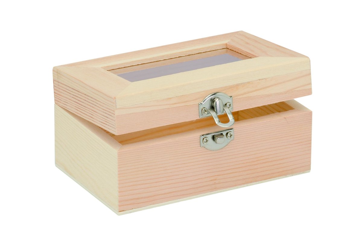 Houten doos met glazen inzet 12x8x6cm